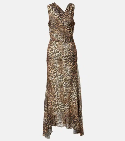 GANNI RUCHED LEOPARD-PRINT MESH MAXI DRESS