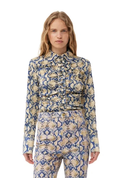 GANNI SNAKE PRINTED CRINKLED SATIN FITTED SHIRT