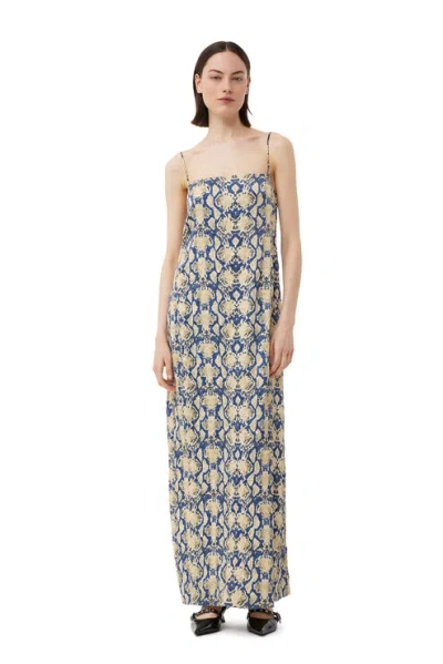 GANNI GANNI SNAKE PRINTED CRINKLED SATIN MIDI SLIP DRESS
