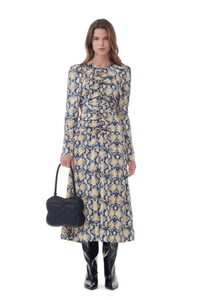 GANNI SNAKE PRINTED CRINKLED SATIN O-NECK MIDI DRESS