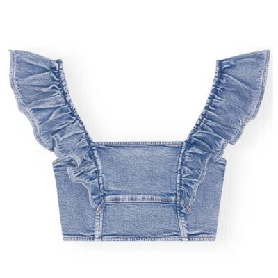 GANNI GANNI STRETCH DENIM CROPPED RUFFLE TOP
