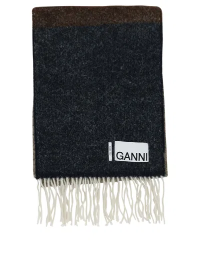 GANNI STRIPED FRINGED SCARF SCARVES BROWN
