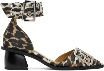GANNI TAN & BLACK FEMININE BUCKLE OPEN CUT HEELS