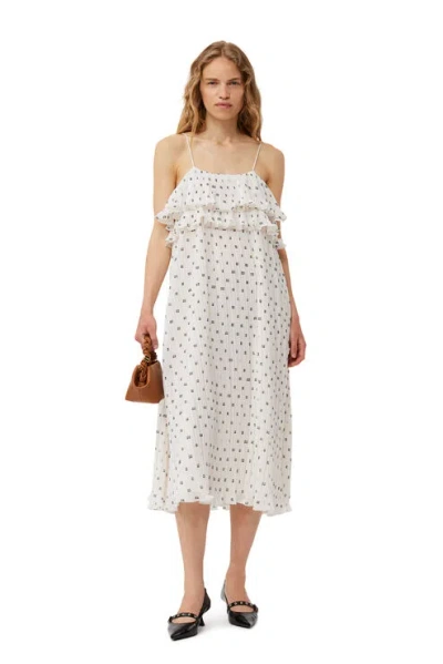 GANNI GANNI WHITE PLEATED GEORGETTE MIDI STRAP DRESS - SIZE 38