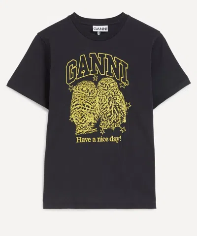 GANNI GANNI WOMEN'S BLACK BASIC JERSEY OWLS RELAXED T-SHIRT