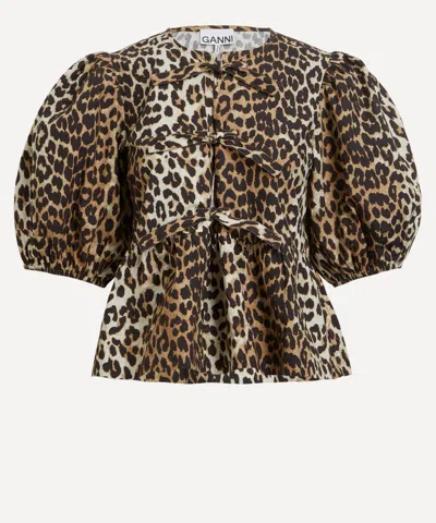 GANNI GANNI WOMEN'S LEOPARD COTTON POPLIN PEPLUM TIE BLOUSE