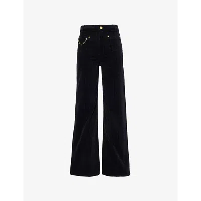 GANNI WOMENS BLACK CHAIN-LINK WIDE-LEG CORDUROY ORGANIC-COTTON BLEND TROUSERS