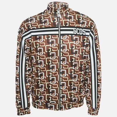 GCDS BROWN LOGO PRINT JERSEY ZIP-UP JACKET S