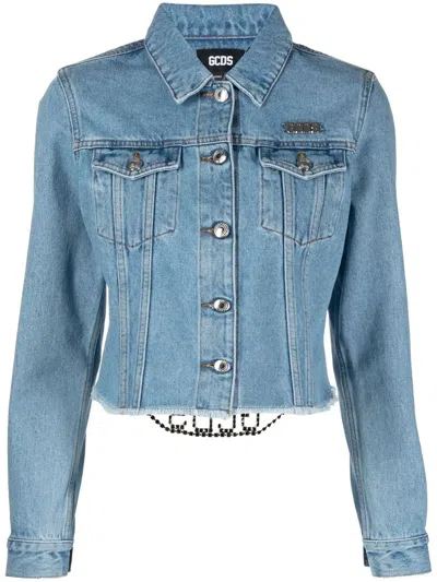 GCDS LOGO-PLAQUE CROPPED DENIM JACKET