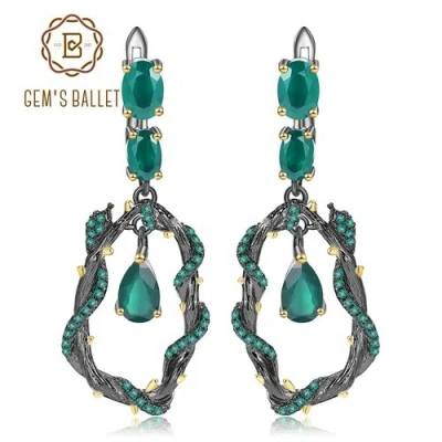 GEM'S BALLET NATURAL GREEN AGATE GEMSTONE DROP EARRINGS 925 SILVER XMAS GIFTS FOR HER WOMEN