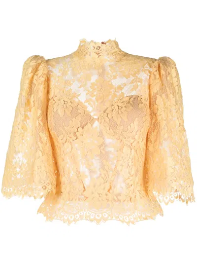 GEMY MAALOUF FLORAL-LACE PUFF-SLEEVE TOP