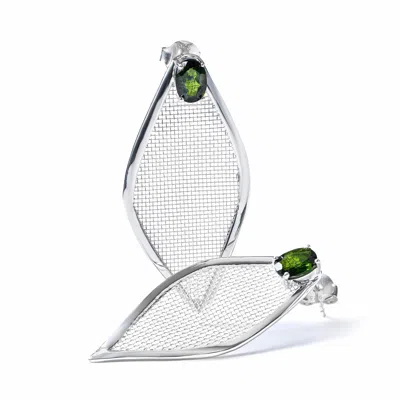 GERMAN KABIRSKI WOMEN'S SILVER / GREEN LIORA ASYMMETRIC STERLING SILVER & TITANIUM MESH EARRINGS WITH OVAL CUT CHROM
