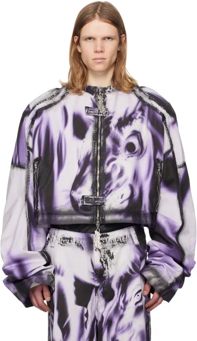 GERRIT JACOB WHITE & PURPLE PRINTED MOTO DENIM JACKET