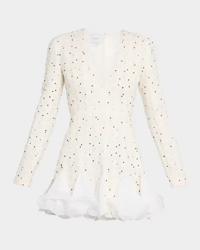 GIAMBATTISTA VALLI POLKA-DOT BOUCLE LONG-SLEEVE GODET MINI DRESS