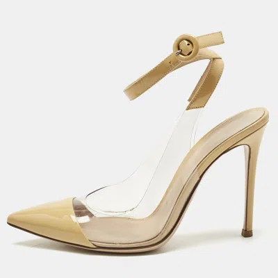 GIANVITO ROSSI BEIGE/TRANSPARENT LEATHER AND PVC ANISE POINTED TOE ANKLE STRAP SANDALS SIZE 39