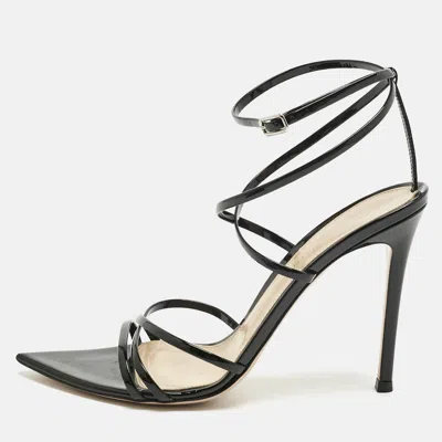 GIANVITO ROSSI BLACK PATENT LEATHER KIM ANKLE STRAP SANDALS SIZE 38.5