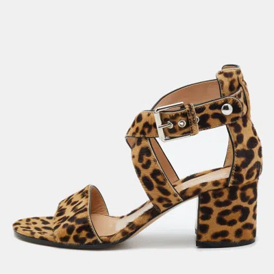 GIANVITO ROSSI BROWN LEOPARD PRINT CALF HAIR ANKLE STRAP SANDALS SIZE 37