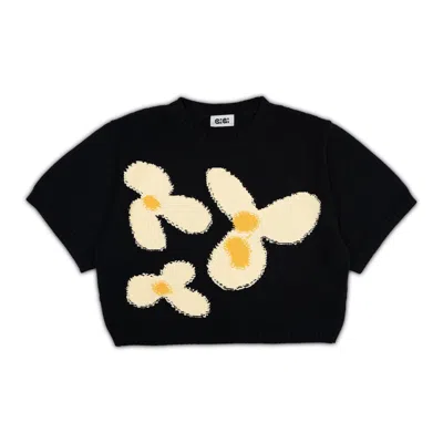 GIGI KNITWEAR WOMEN'S FLOWER COTTON KNIT T-SHIRT IN BLACK