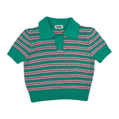 GIGI KNITWEAR WOMEN'S STRIPE POLO TOP IN GREEN MULTI