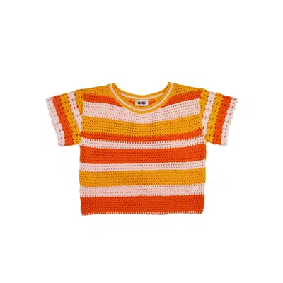 GIGI KNITWEAR WOMEN'S FLOWER COTTON KNIT T-SHIRT IN ORANGE MULTI