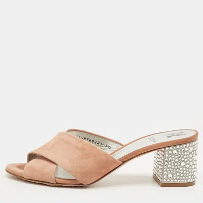 GINA BEIGE SUEDE CROSS STRAP CRYSTAL EMBELLISHED BLOCK HEEL SLIDE SANDALS SIZE 39.5