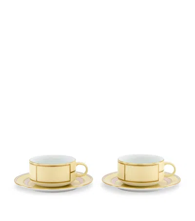 GINORI 1735 SET OF 2 PORCELAIN COLONNA DIVA GIALLO TEACUPS AND SAUCERS