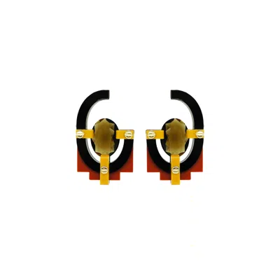 GISSA BICALHO WOMEN'S BLACK / BROWN HANDMADE ACRYLIC EARRING WITH OVAL CUT STONE MUSTARD