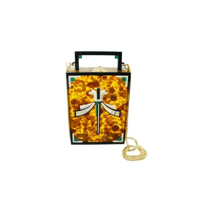 GISSA BICALHO WOMEN'S BROWN HANDMADE ACRYLIC CLUTCH DRAGONFLY