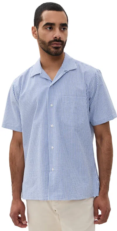 GITMAN VINTAGE STRIPED SEERSUCKER CAMP SHIRT BLUE STRIPE