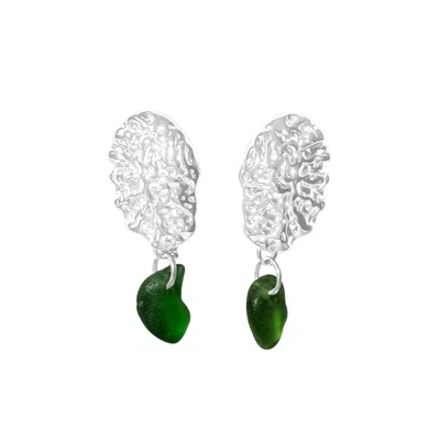 GLASSTYK I/S WOMEN'S SEA URCHIN EARRINGS GREEN SEA GLASS STEEL
