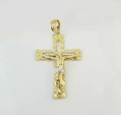GLOBALWATCHES10 REAL 10K GOLD NUGGET CROSS PENDANT DIAMOND CUT 10KT YELLOW GOLD CHARM