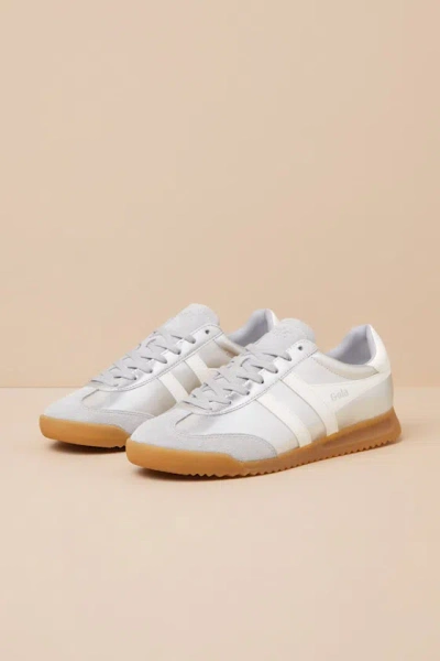 GOLA TORPEDO GLIMMER SILVER AND OFF WHITE LEATHER LACE-UP SNEAKERS
