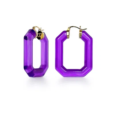 GOLD & HONEY WOMEN'S PURPLE / GOLD EMERALD GEMSTONE LUCITE HOOP EARRINGS IN PURPLE