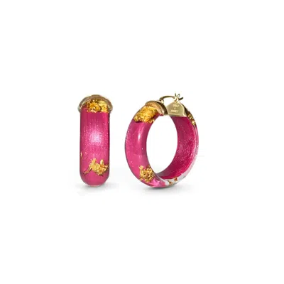 GOLD & HONEY WOMEN'S PINK / GOLD GOLD LEAF HUGGIE HOOP EARRINGS IN DAHLIA PINK
