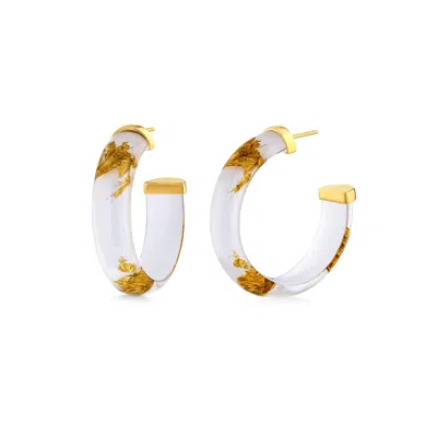 GOLD & HONEY WOMEN'S GOLD / WHITE GOLD LEAF HOOP EARRINGS IN WHITE