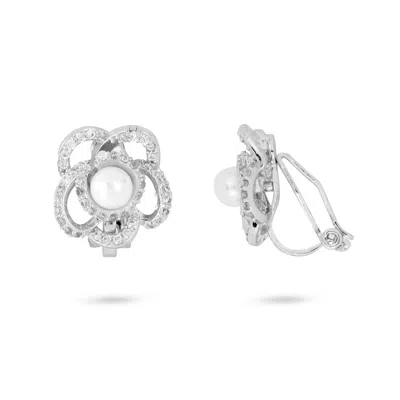GOLD TRIP WOMEN'S SILVER / WHITE FLOWER PEARL CLIP ON EARRINGS IN SILVER