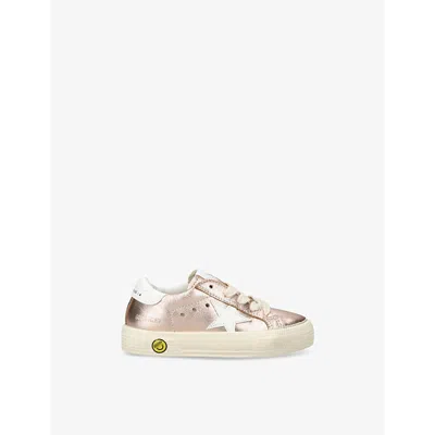 GOLDEN GOOSE BRONZE KIDS' MAY METALLIC LOGO-PRINT LEATHER LOW-TOP TRAINE