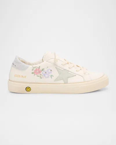 GOLDEN GOOSE GIRL'S MAY NAPPA LEATHER PAINTED FLOWERS LACE-UP SNEAKERS, TODDLER/KIDS