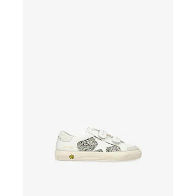 GOLDEN GOOSE WHITE/COMB KIDS' MAY SCHOOL JUNIOR GLITTER-PANEL LOW-TOP LEATHER TRAINERS EUR 38 / 5 UK