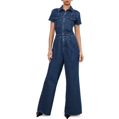 GOOD AMERICAN GOOD AMERICAN FIT FOR SUCCESS PLEATED WIDE LEG DENIM JUMPSUIT