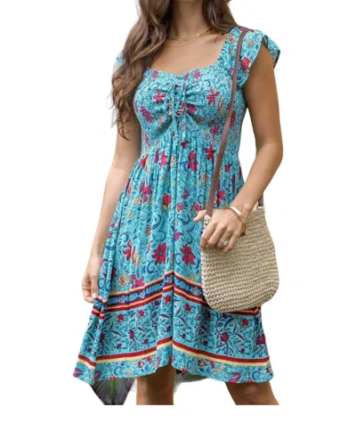 GRACE & LACE BORDER PRINT SMOCKED DRESS IN BLUE FLORAL PRINT