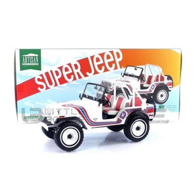 GREENLIGHT 1-18 SCALE 1973 JEEP CJ-5 SUPER JEEP WHITE WITH RED & BLUE GRAPHICS ARTISAN COLLECTION SERIES DIECAS