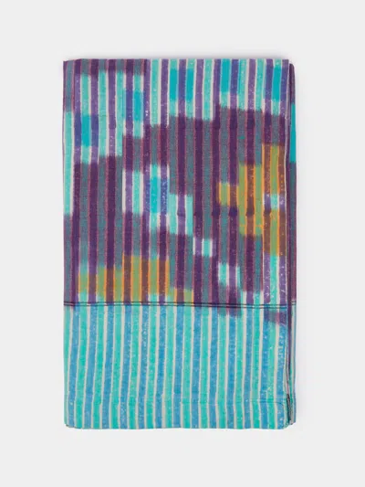 GREGORY PARKINSON MIDNIGHT AQUA STRIPE BLOCK-PRINTED COTTON RECTANGULAR TABLECLOTH (92IN/2.34M)