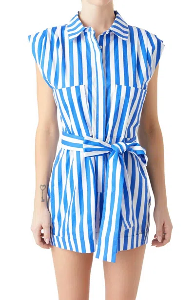GREY LAB STRIPED PINTUCK TIE BELT ROMPER IN BLUE