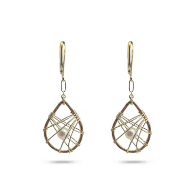 GREYEWOLFE WOMEN'S GOLD / WHITE SMALL TEARDROP CAGED PEARL EARRINGS