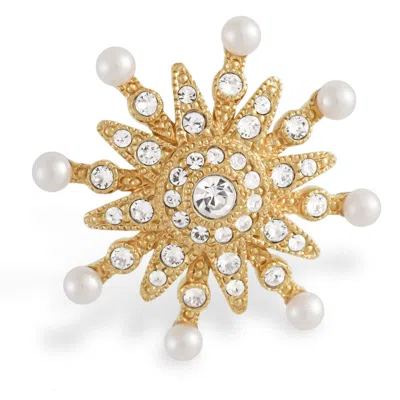 GROSSÉ WOMEN'S WHITE / GOLD CRYSTAL & PEARL GOLD SUN BROOCH, SERIES CELESTIAL