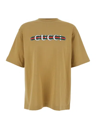 GUCCI GUCCI BEIGE CREWNECK T-SHIRT WITH LOGO LETTERING AND WEB DETAL ON THE FRONT IN COTTON MAN
