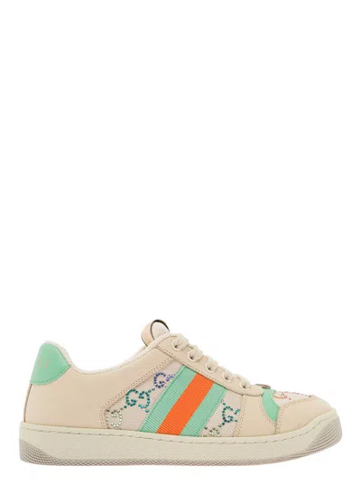 GUCCI GUCCI WOMEN BEIGE LOW-TOP SNEAKERS WITH WEB AND MULTICOLOUR GG CRYSTALS IN WOOL BLEND WOMAN