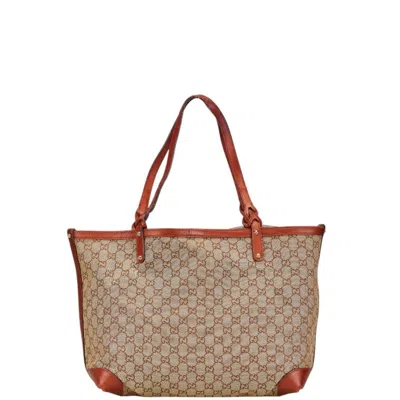 GUCCI GUCCI BEIGE ORANGE CANVAS LEATHER SHOULDER BAG TOTE BAG (PRE-OWNED)