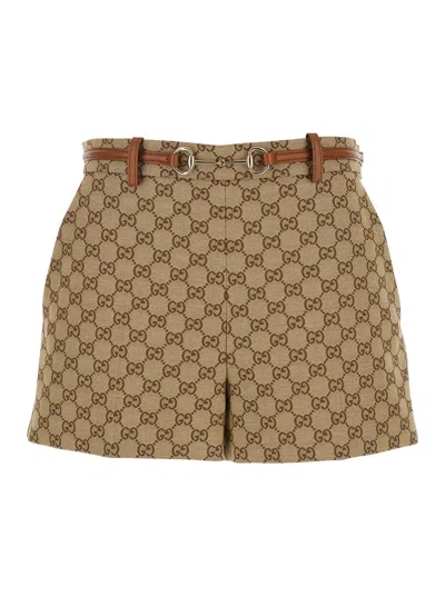 GUCCI GUCCI BEIGE SHORTS WITH HORSEBIT BUCKLED BELT IN GG CANVAS WOMAN